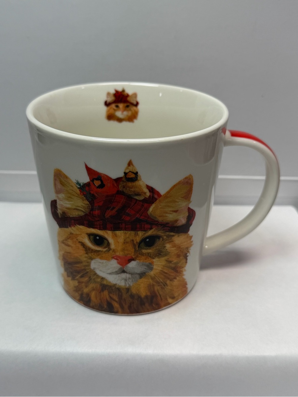 PPD Two Can Art Christmas Cat Mug Cardinal Birds Buffalo Plaid Coffee Cup